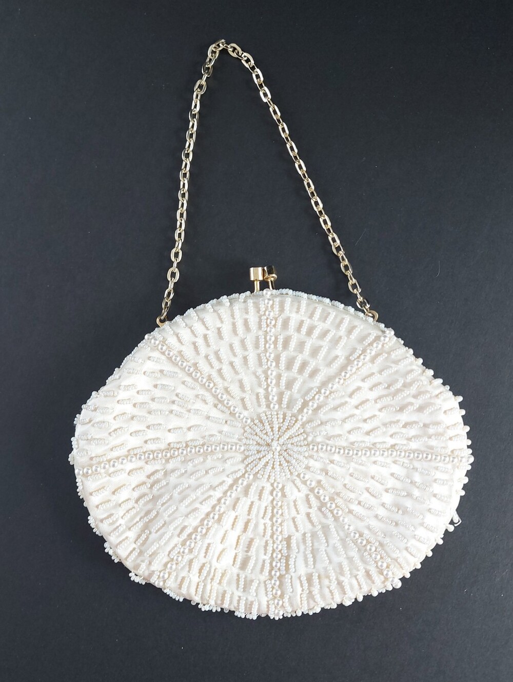 Vintage 60s White Beaded Starburst Evening Purse Clutch - Handmade in Hong Kong